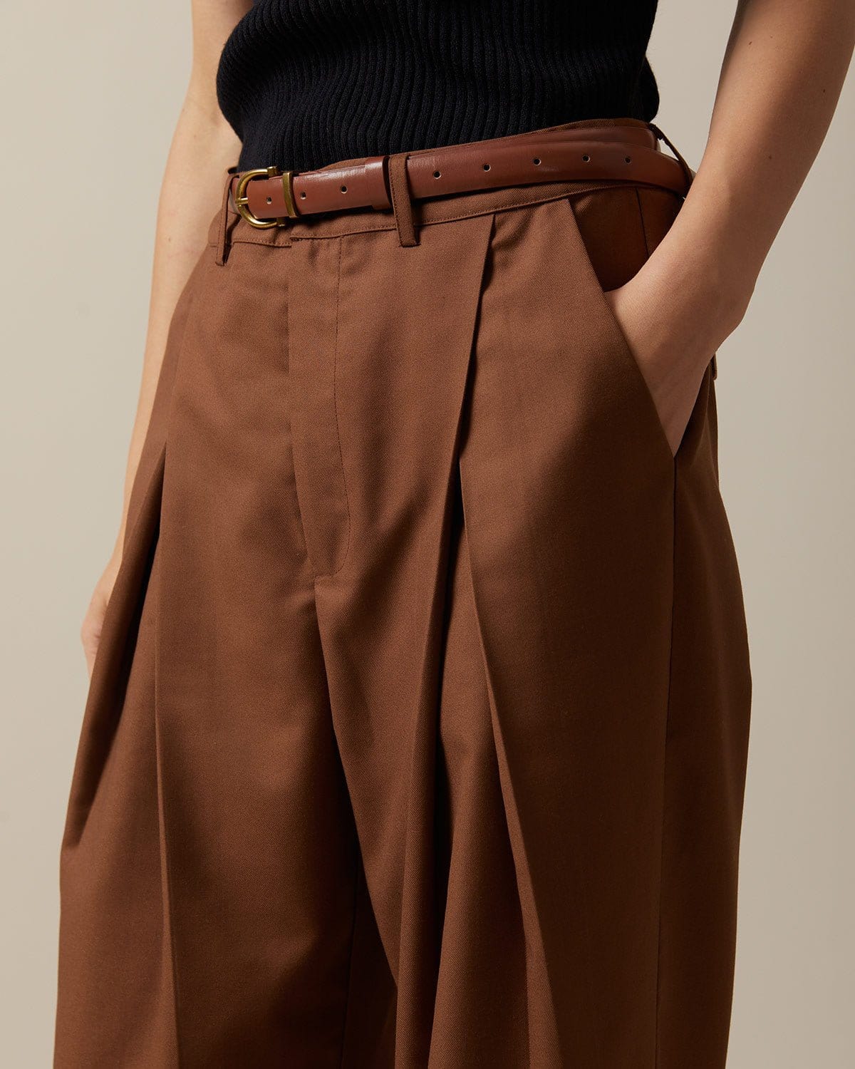 The Brown High Waisted Pleated Straight Pants - Women's High Waisted  Pleated Straight Leg Pants - Brown - Bottoms