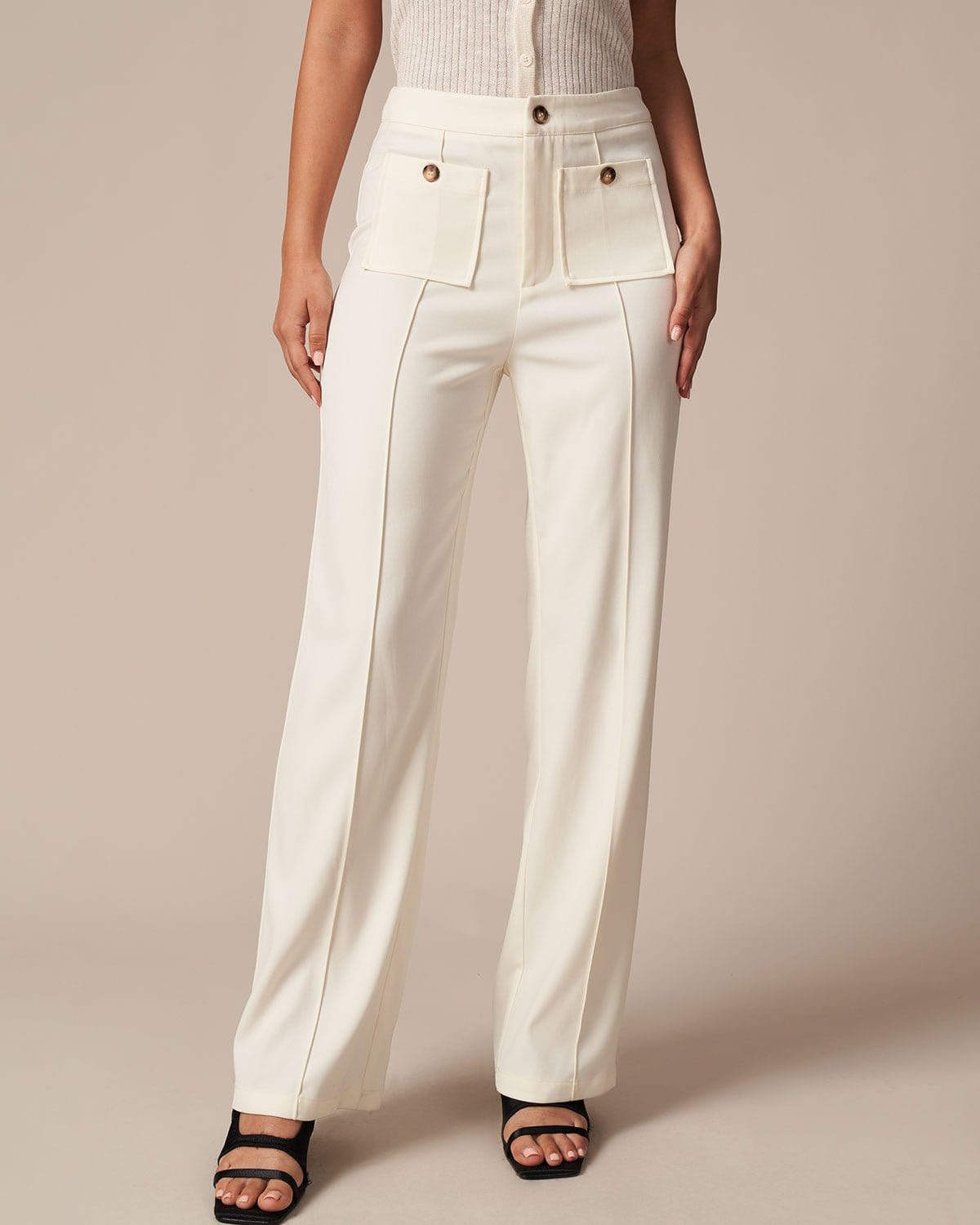 The White High Waisted Button Straight Pants - High Waisted Straight Leg  Pockets Work Pants - White - Bottoms