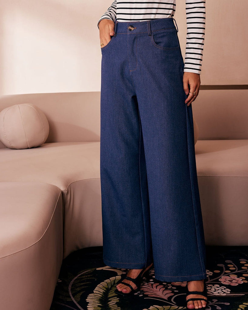The High Waisted Wide Leg Faux Jeans Blue Bottoms - RIHOAS