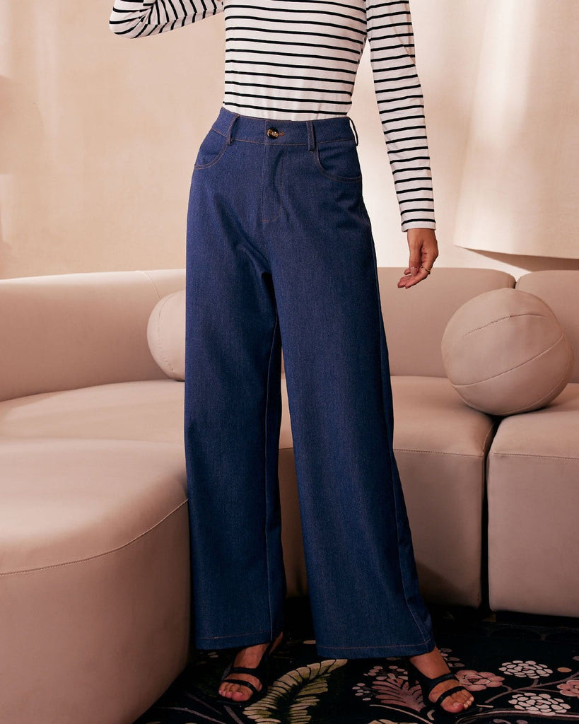 The High Waisted Wide Leg Faux Jeans Bottoms - RIHOAS