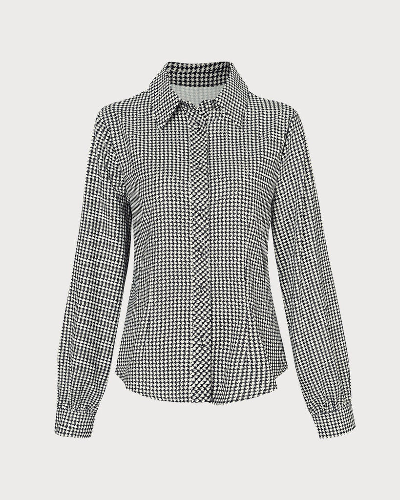The Houndstooth Print Button Blouse Black Tops - RIHOAS