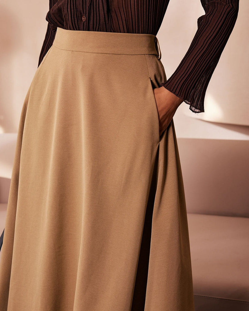 The Khaki High Waisted Solid Midi Skirt Bottoms - RIHOAS