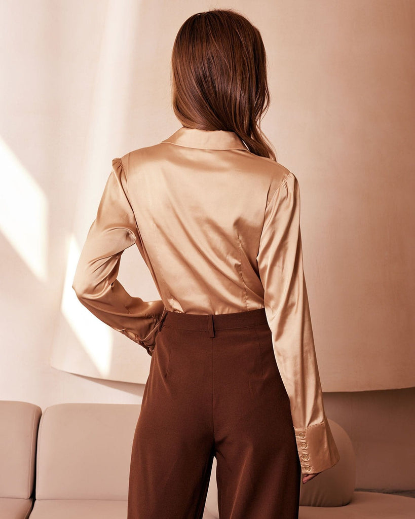 The Khaki Long Sleeve Satin Shirt Tops - RIHOAS