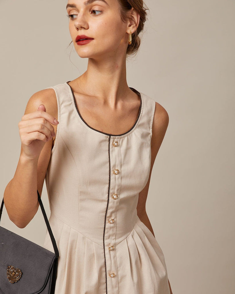 The Khaki Round Neck A-line Midi Dress Dresses - RIHOAS