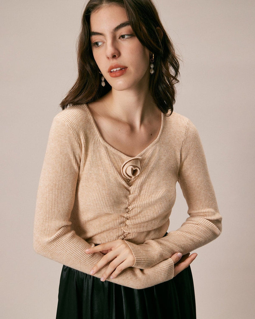 The Khaki Ruched Knit Top Khaki Tops - RIHOAS