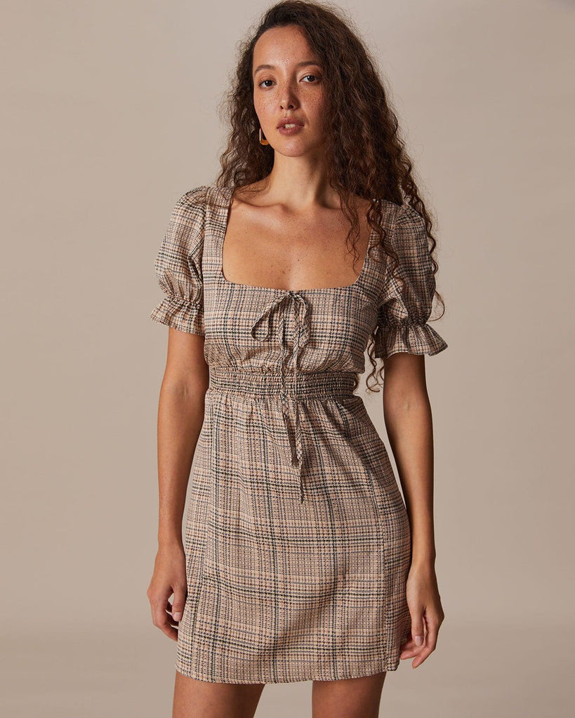 The Khaki Square Neck Houndstooth Mini Dress Khaki Dresses - RIHOAS