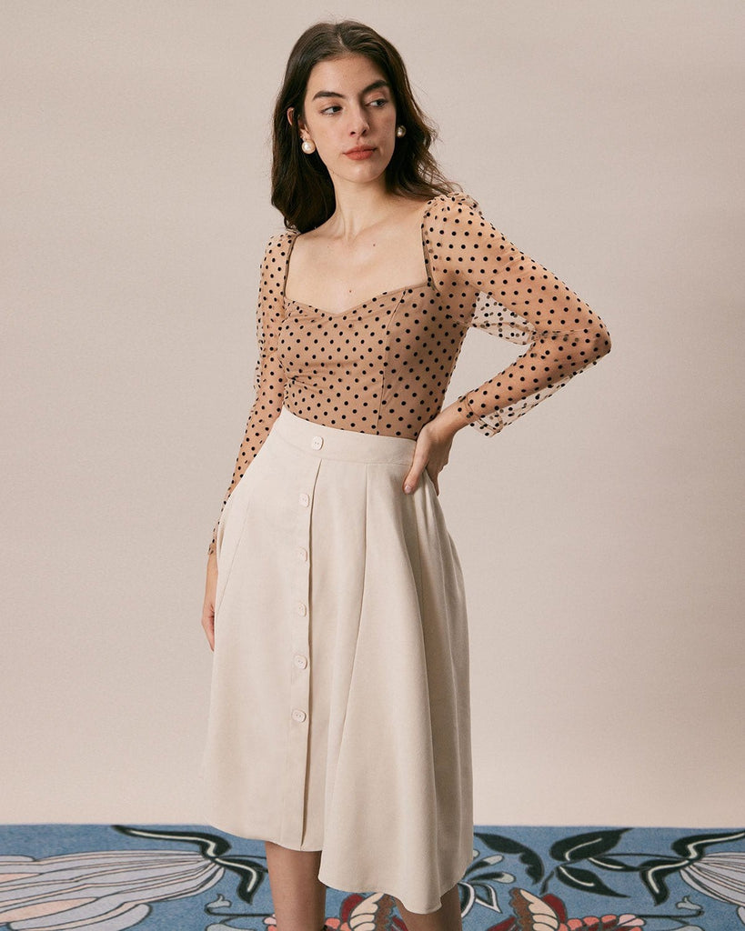 The Khaki Sweetheart Neck Polka Dot Blouse Tops - RIHOAS