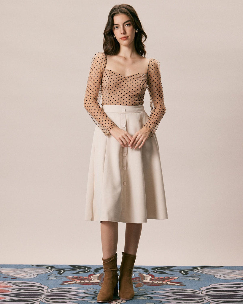 The Khaki Sweetheart Neck Polka Dot Blouse Tops - RIHOAS