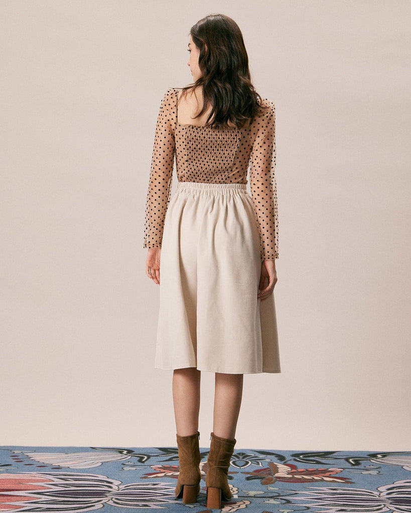 The Khaki Sweetheart Neck Polka Dot Blouse Tops - RIHOAS