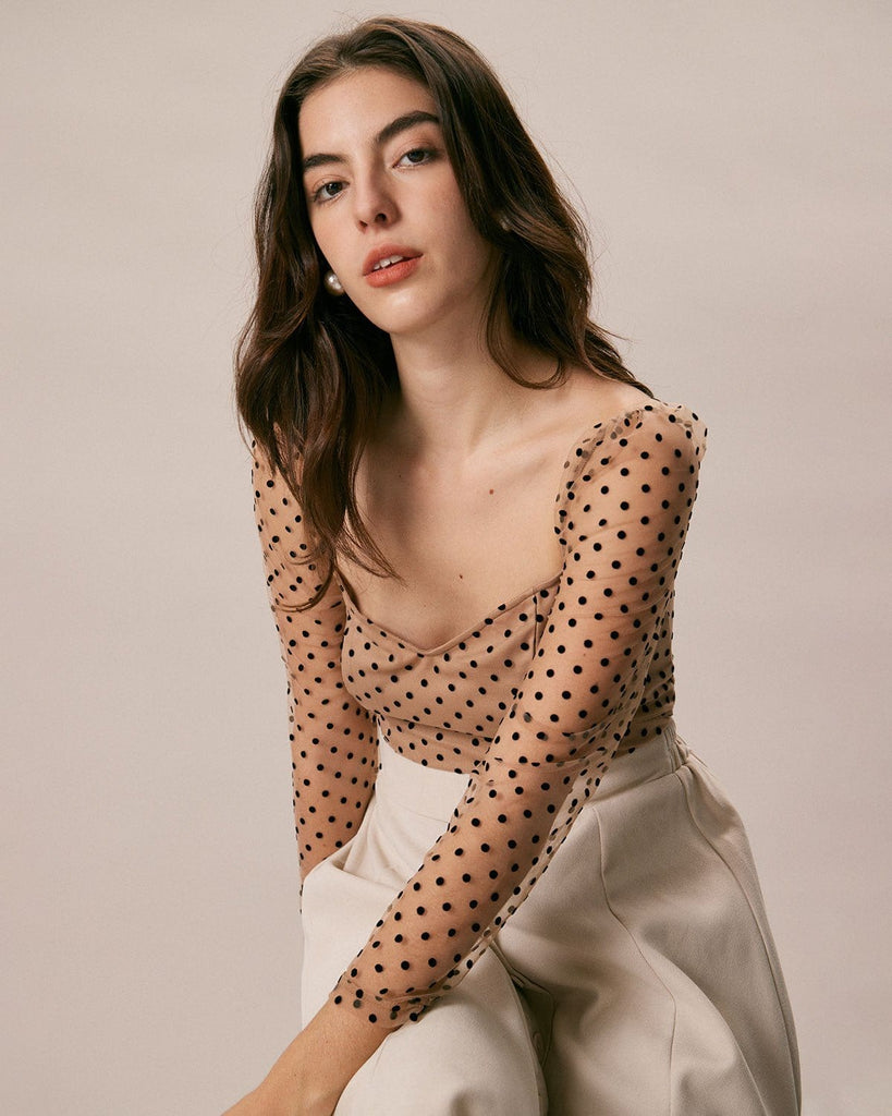 The Khaki Sweetheart Neck Polka Dot Blouse Tops - RIHOAS