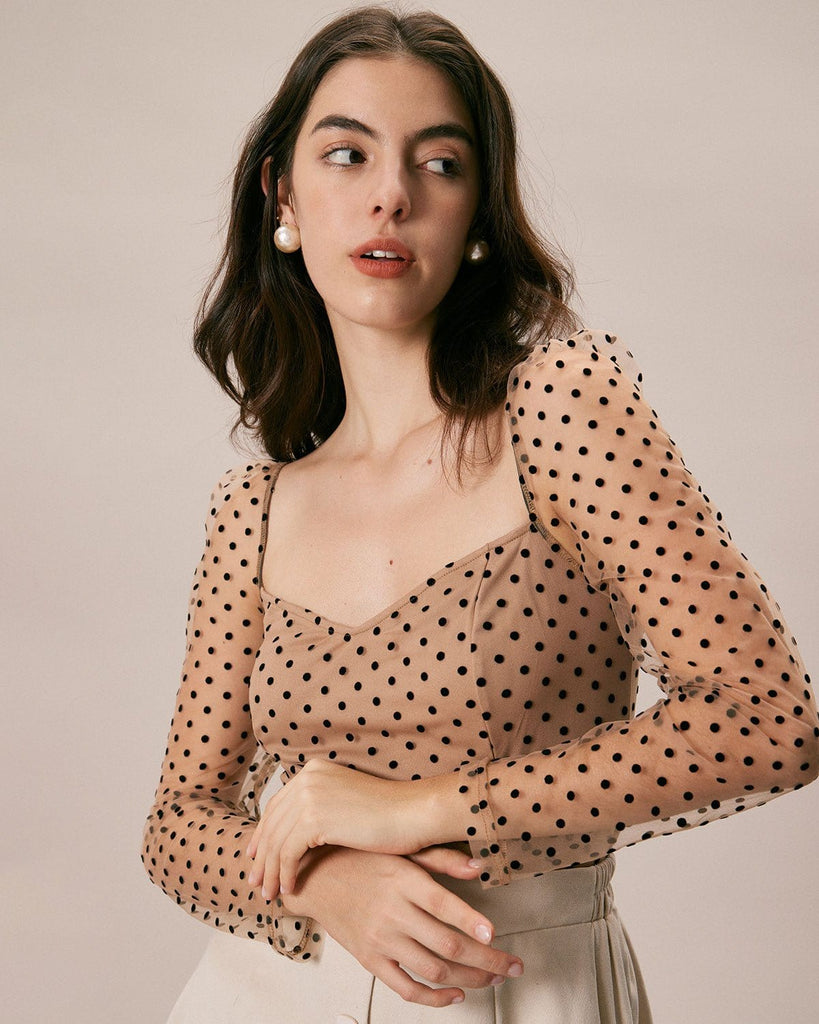 The Khaki Sweetheart Neck Polka Dot Blouse Tops - RIHOAS
