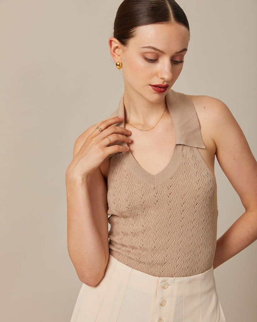 The Khaki V-Neck Backless Ribbed Vest Khaki Tops - RIHOAS