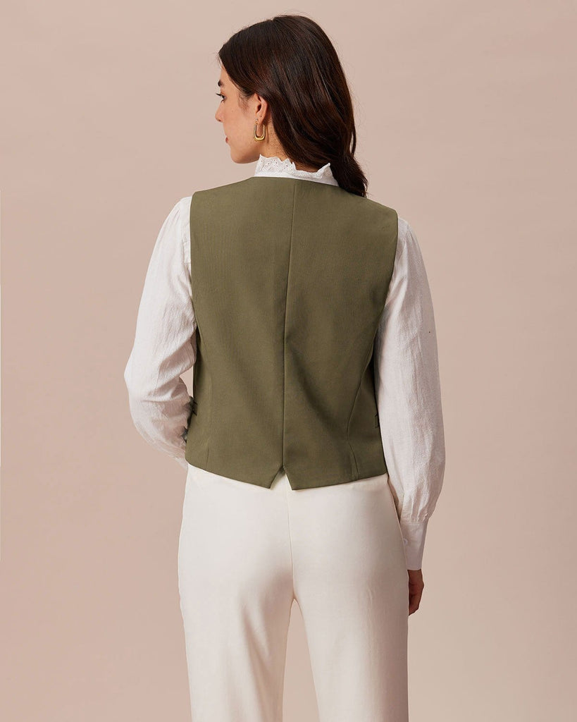 The Khaki V-Neck Button Up Vest Tops - RIHOAS