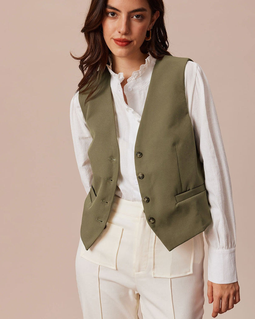 The Khaki V-Neck Button Up Vest Tops - RIHOAS