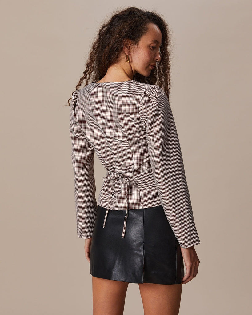 The Khaki V-Neck Plaid Button Blouse Tops - RIHOAS