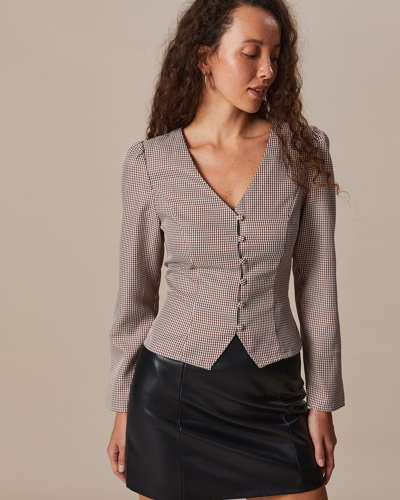 The Khaki V-Neck Plaid Button Blouse Tops - RIHOAS