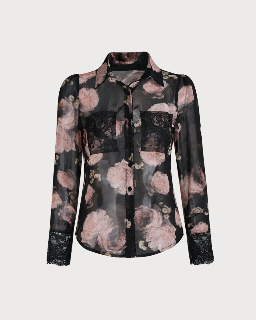The Lace Spliced Floral Blouse Black Tops - RIHOAS