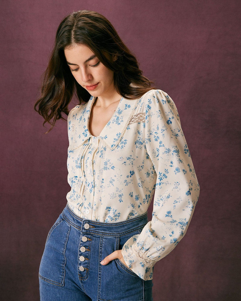 The Lace Spliced Pleated Floral Blouse Tops - RIHOAS