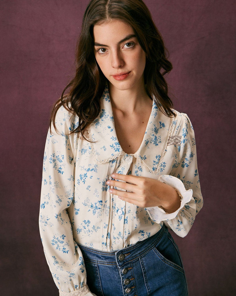 The Lace Spliced Pleated Floral Blouse Tops - RIHOAS