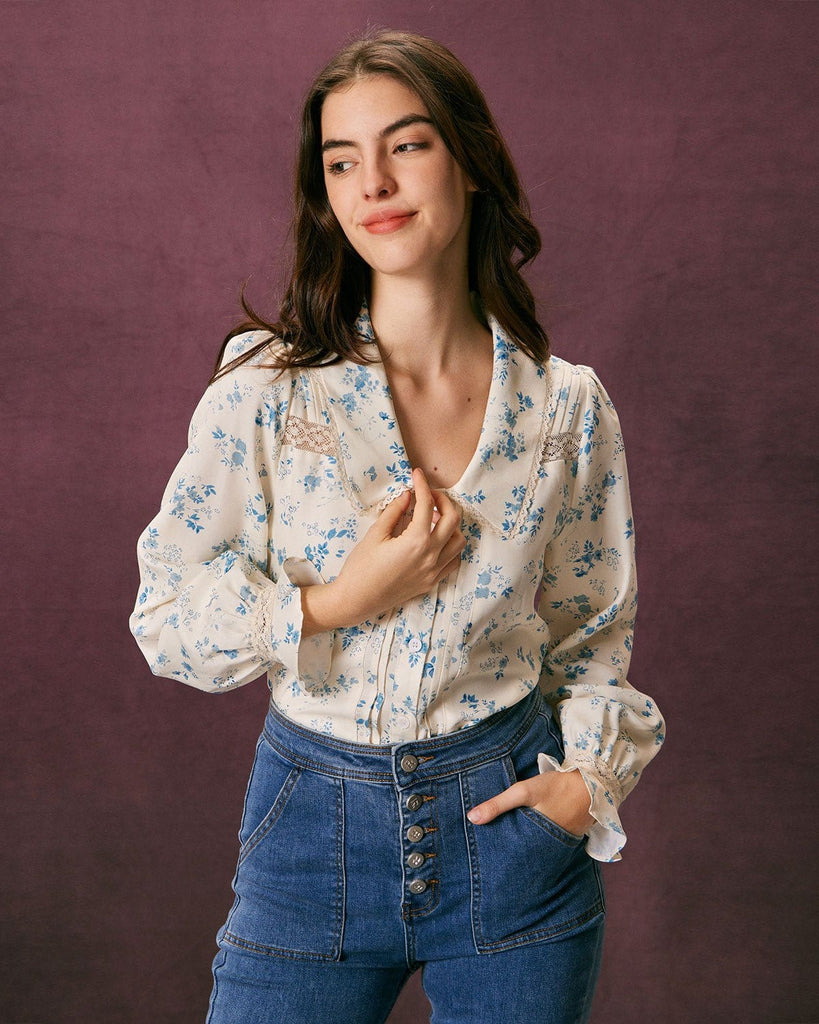 The Lace Spliced Pleated Floral Blouse Tops - RIHOAS