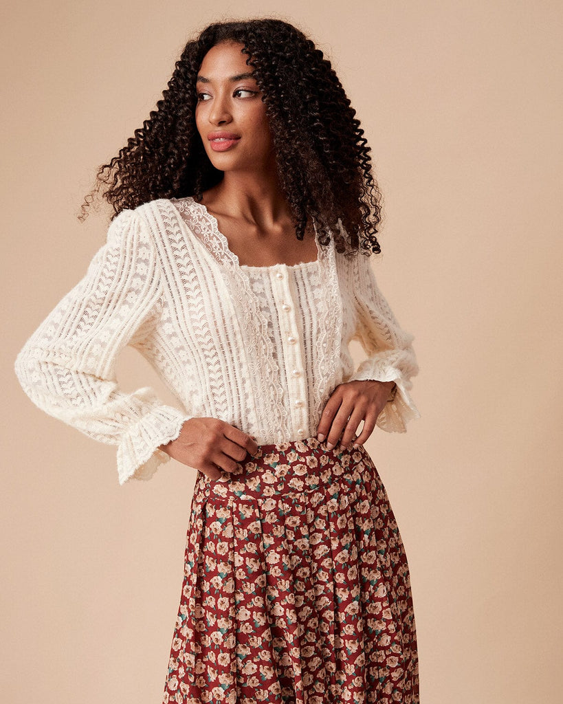 The Lace Trim Blouse Beige Tops - RIHOAS