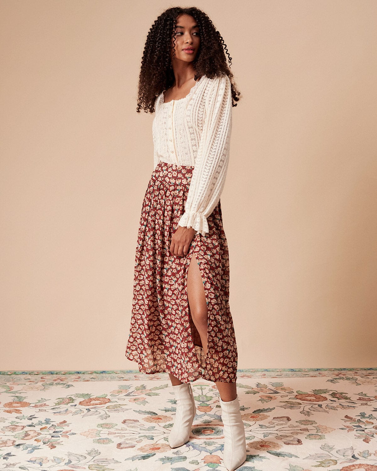 The Beige Solid Lace Trim Blouse & Reviews - Beige - Tops | RIHOAS