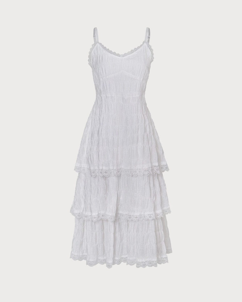 The Lace Trim Layered Midi Dress White Dresses - RIHOAS