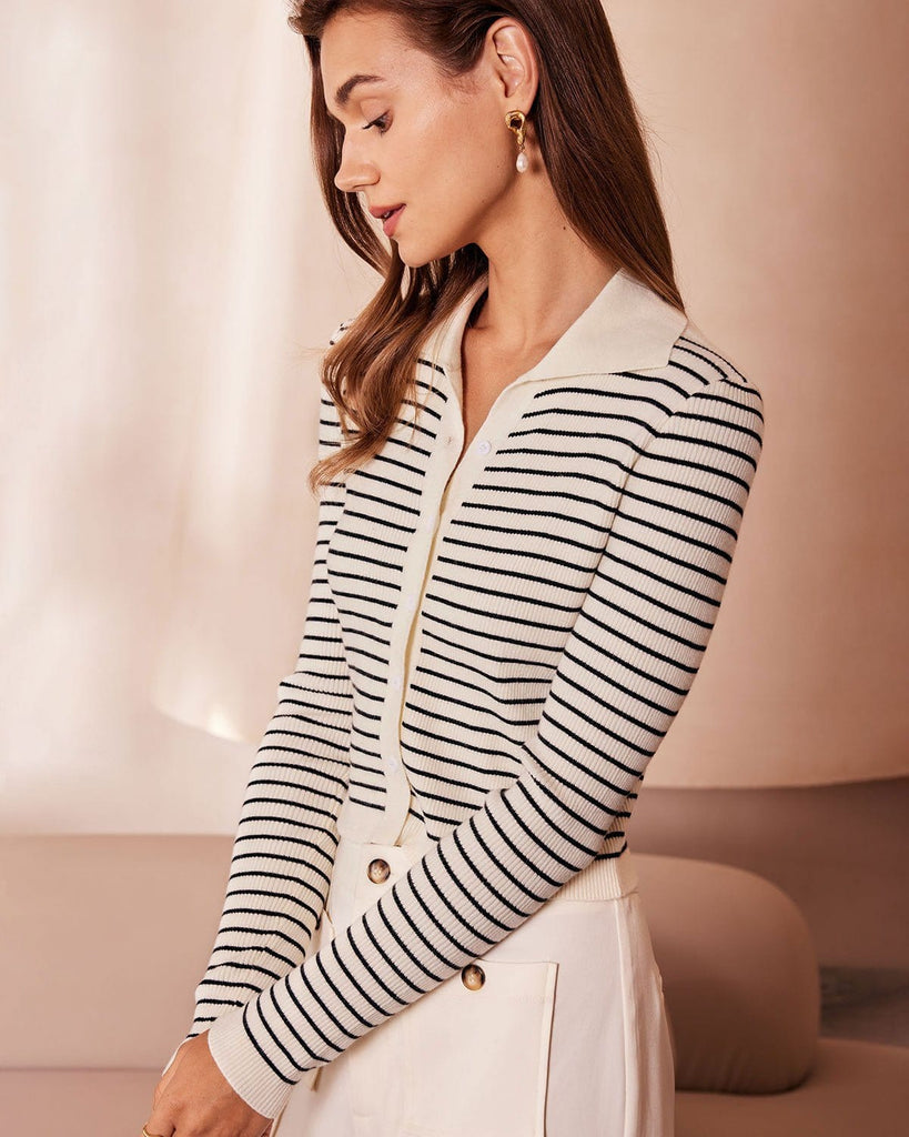 The Lapel Button Up Striped Cardigan Tops - RIHOAS