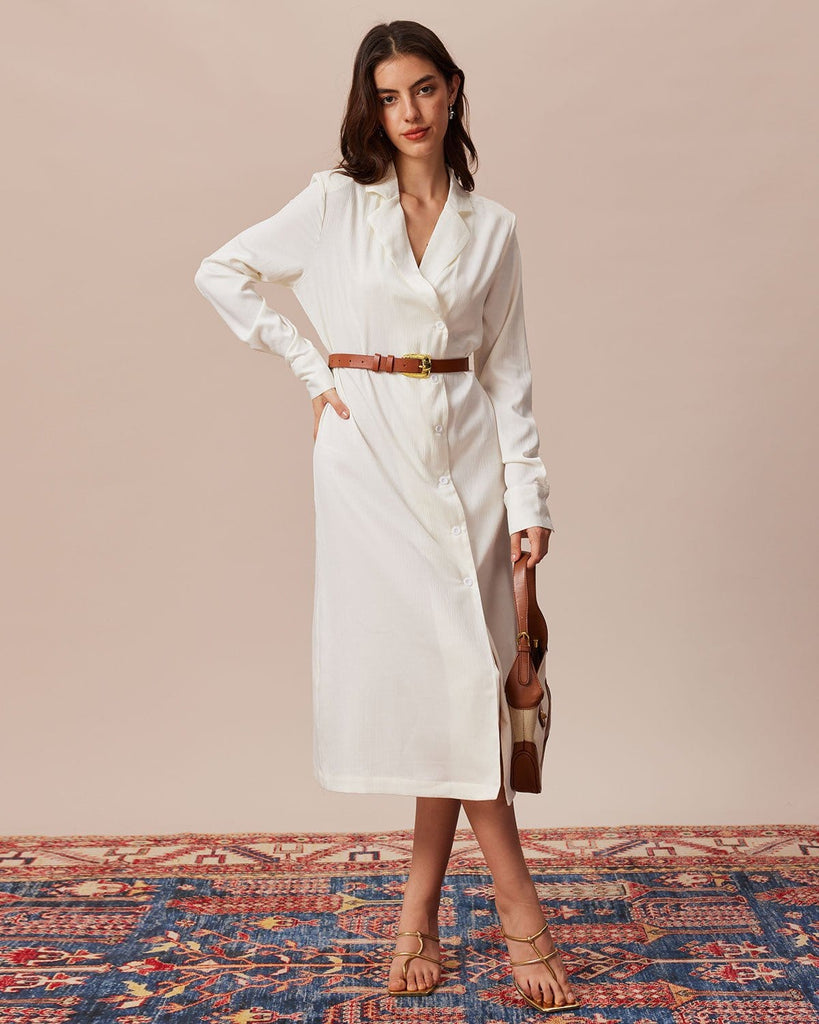 The Lapel Long Sleeve Button Dress Beige Dresses - RIHOAS