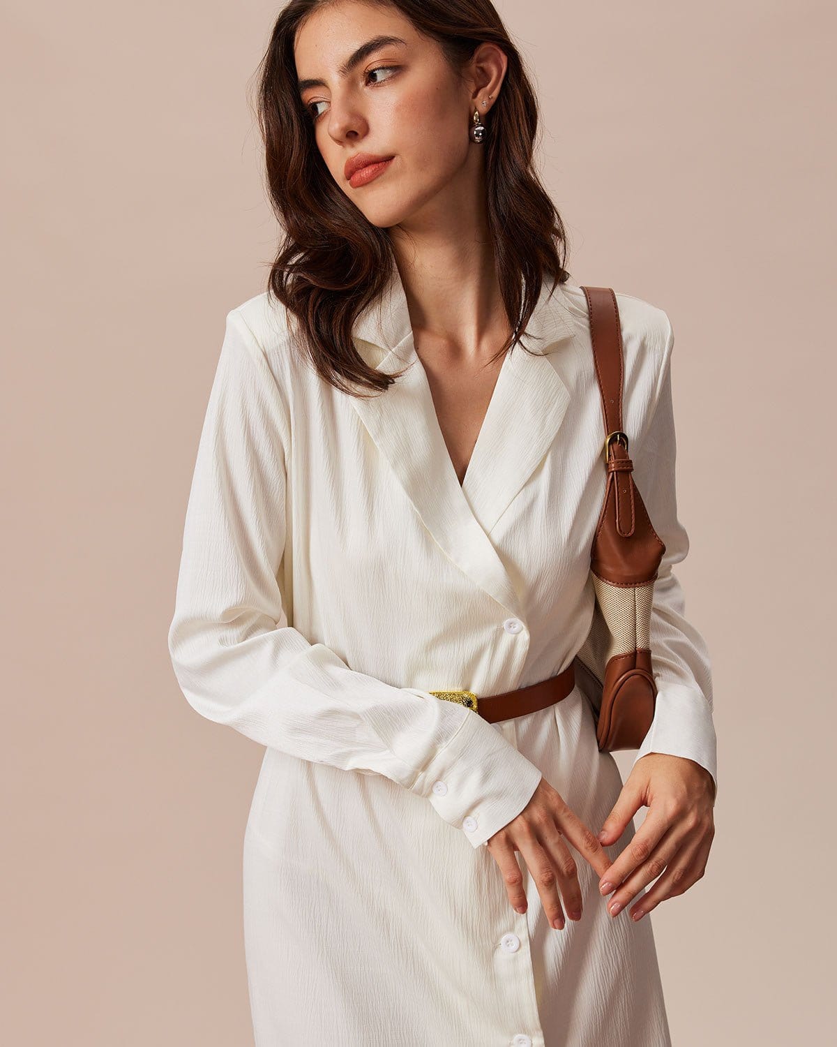 Women's Long Sleeve Shirt Dress - Beige