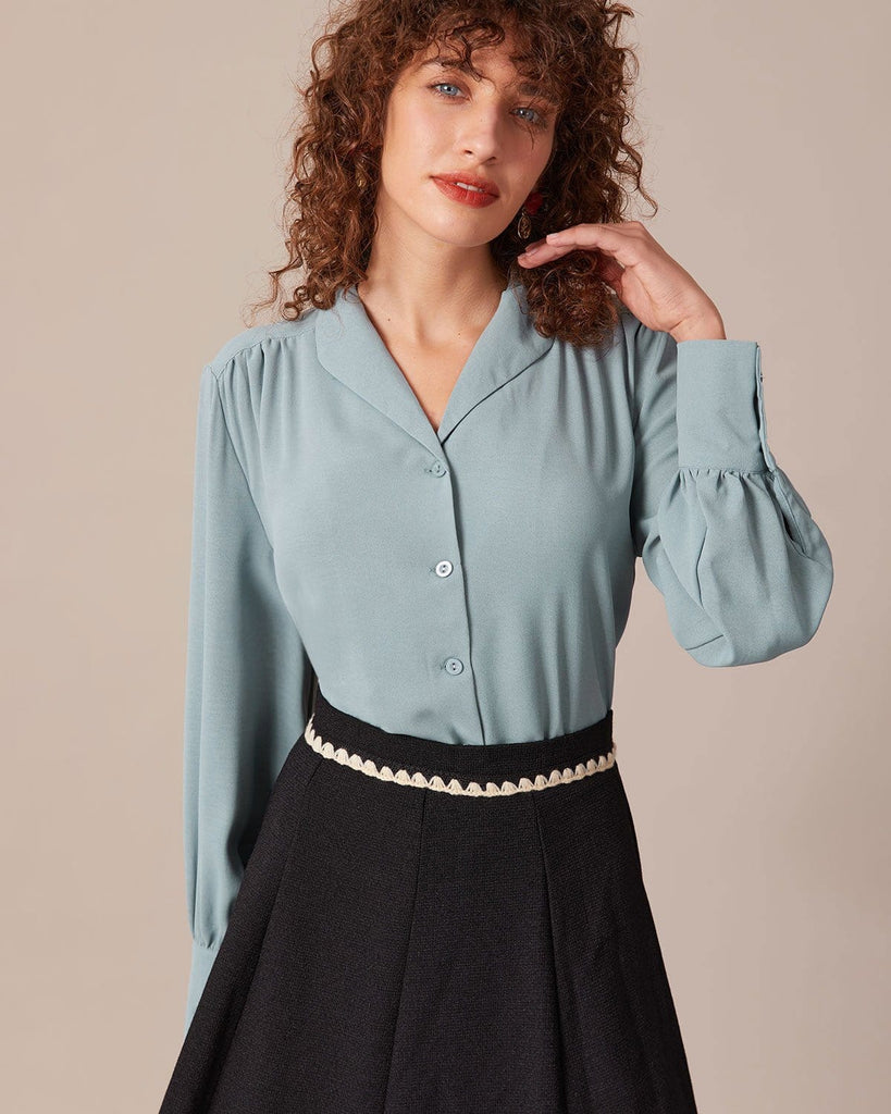 The Lapel Long Sleeve Ruched Blouse Blue Tops - RIHOAS