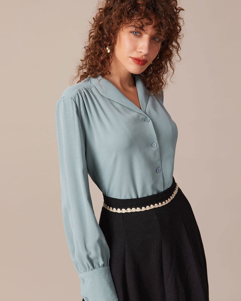 The Lapel Long Sleeve Ruched Blouse Tops - RIHOAS