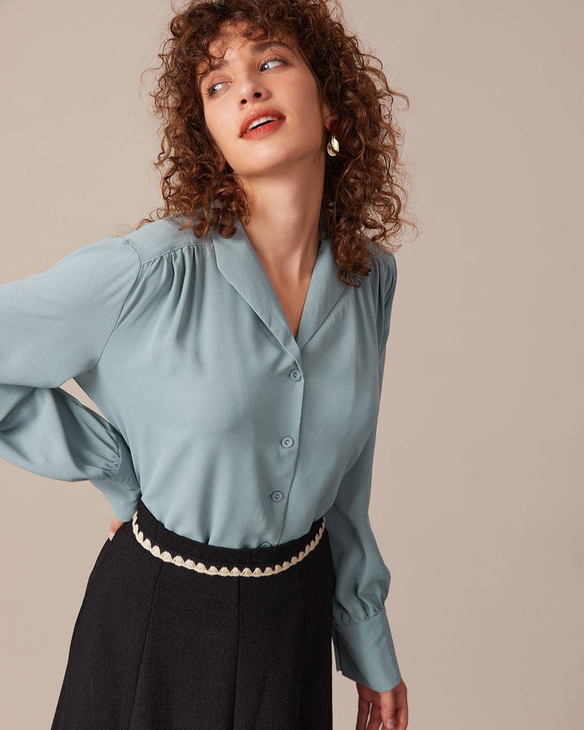 The Lapel Long Sleeve Ruched Blouse Tops - RIHOAS