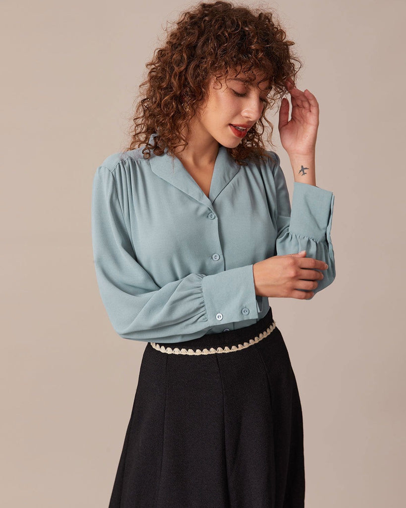 The Lapel Long Sleeve Ruched Blouse Tops - RIHOAS