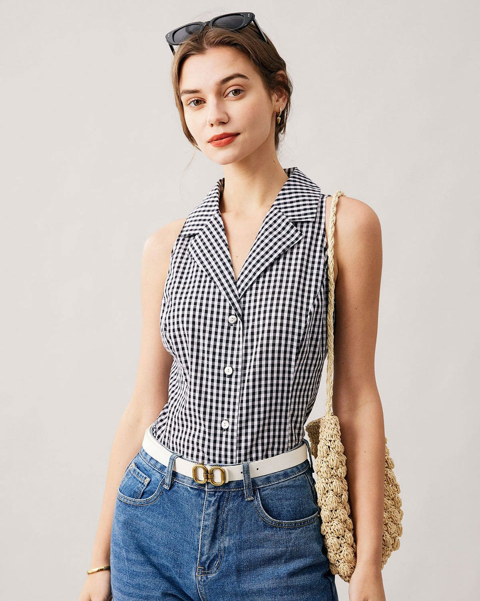 The Collared Button Up Sleeveless Plaid Vest Women's Button Up