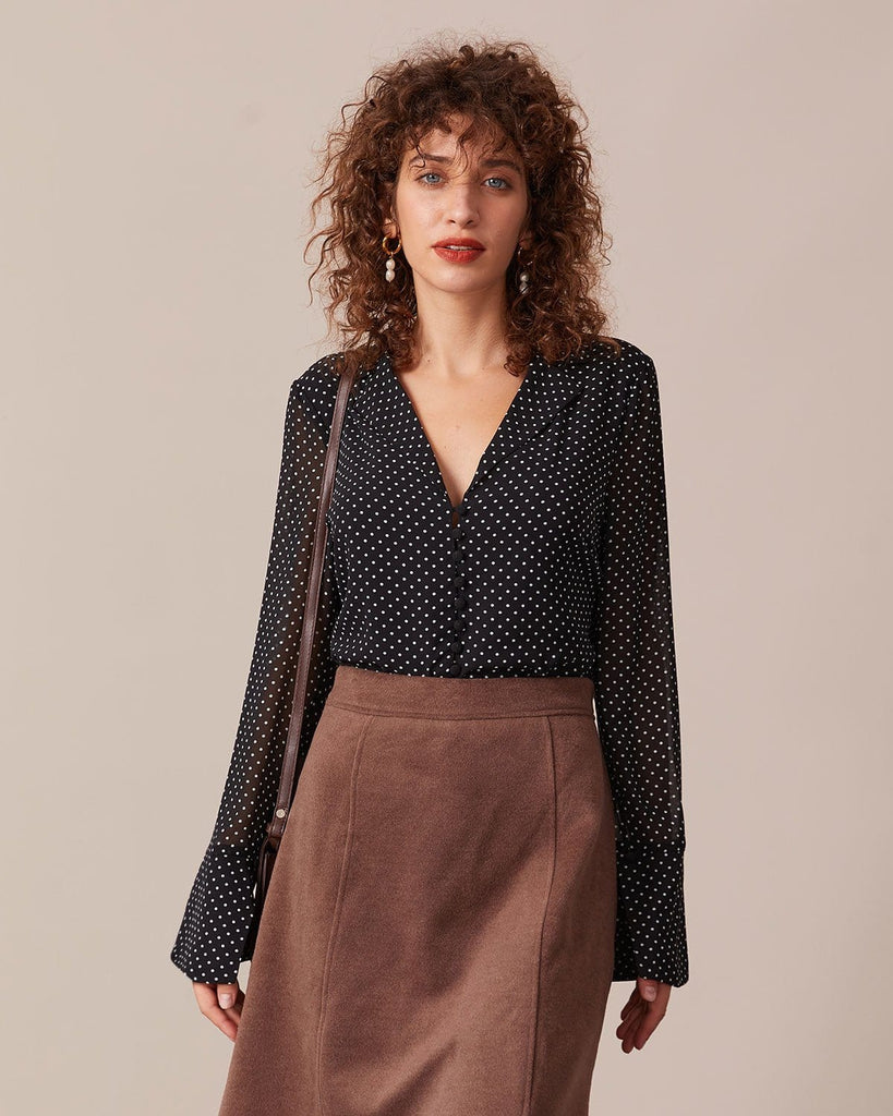 The Lapel Polka-Dot Long-Sleeve Blouse Tops - RIHOAS