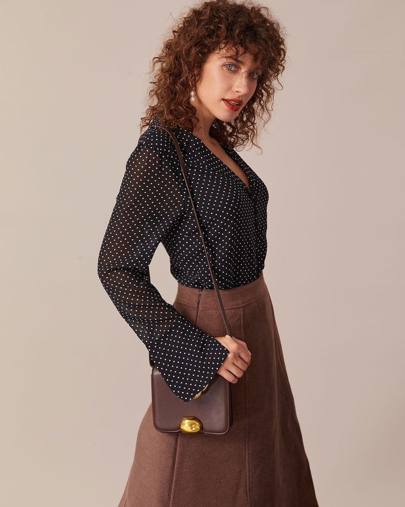 The Lapel Polka-Dot Long-Sleeve Blouse Tops - RIHOAS