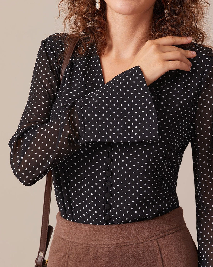 The Lapel Polka-Dot Long-Sleeve Blouse Tops - RIHOAS
