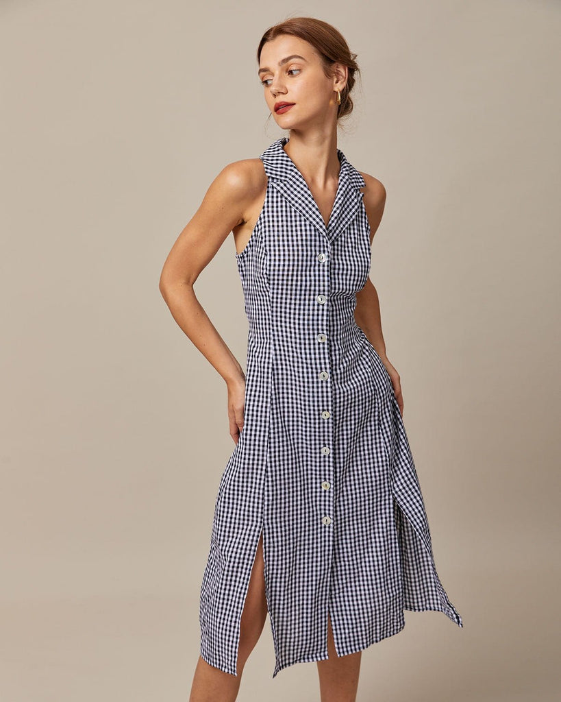 The Lapel Sleeveless Tie Plaid Dress Dresses - RIHOAS
