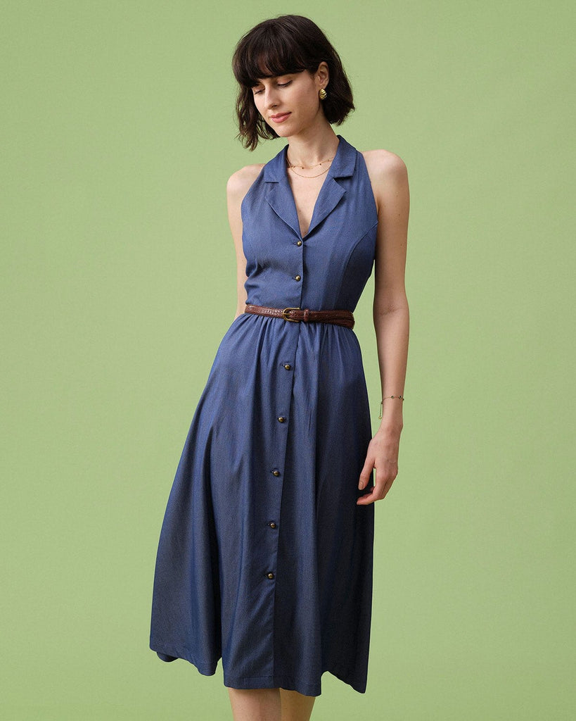 The Lapel Tunic Midi Dress Blue Dresses - RIHOAS