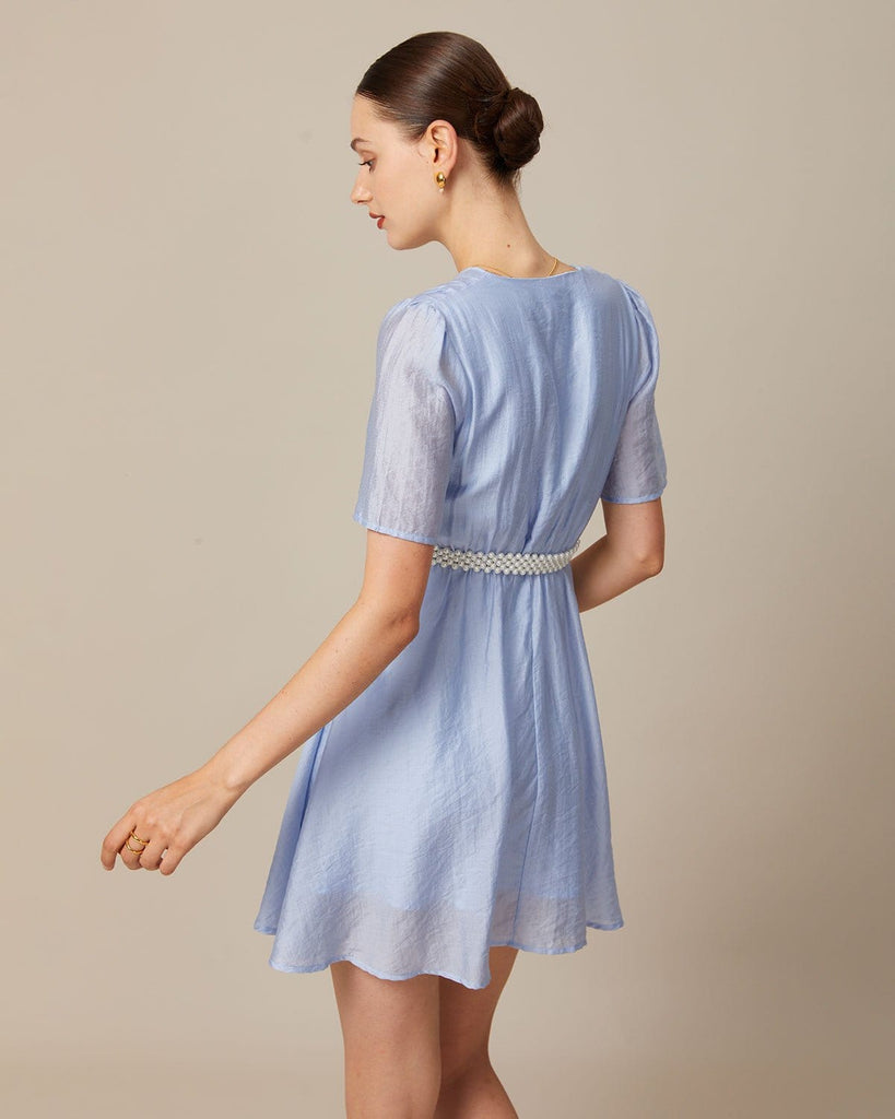 The Light Blue V-Neck Solid Pleated Mini Dress Dresses - RIHOAS
