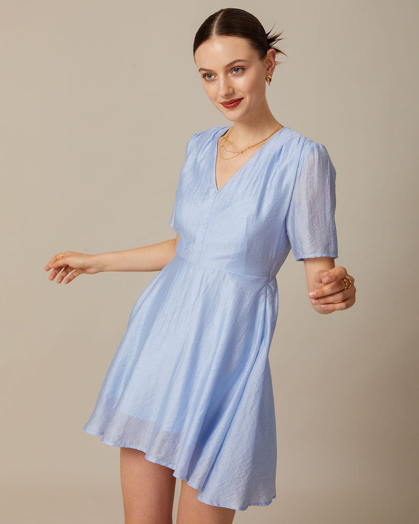 The Light Blue V-Neck Solid Pleated Mini Dress Dresses - RIHOAS