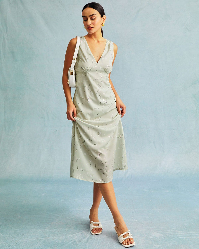 The Light Green V-Neck Ruched Midi Dress Dresses - RIHOAS