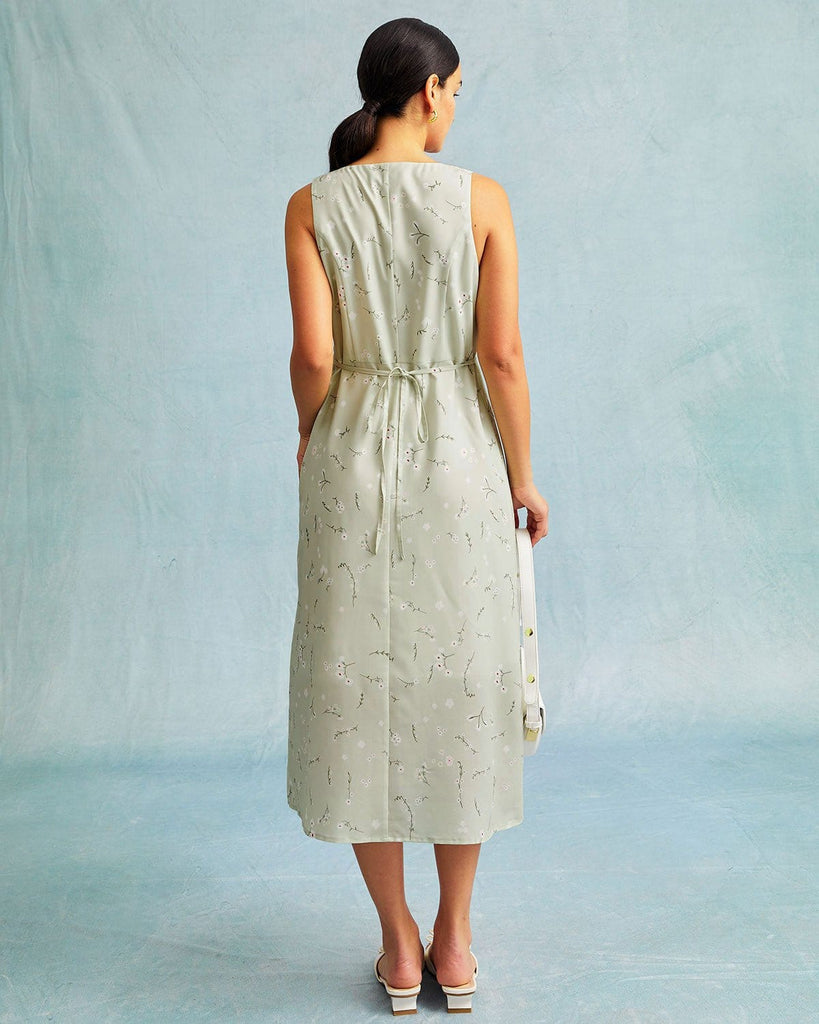 The Light Green V-Neck Ruched Midi Dress Dresses - RIHOAS