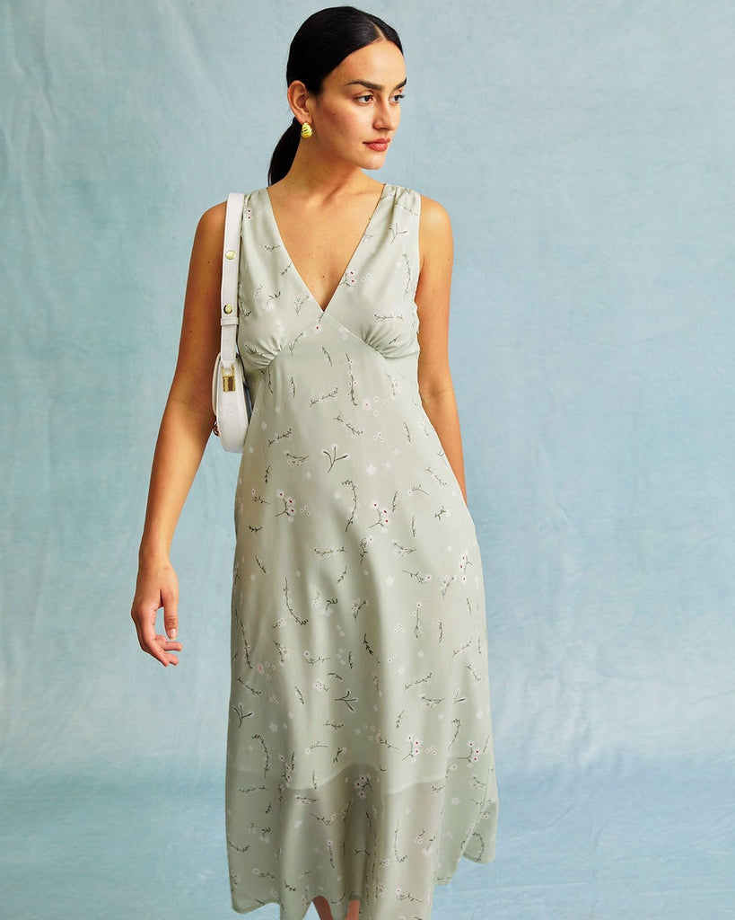 The Light Green V-Neck Ruched Midi Dress Dresses - RIHOAS