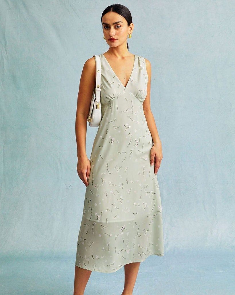 The Light Green V-Neck Ruched Midi Dress Dresses - RIHOAS
