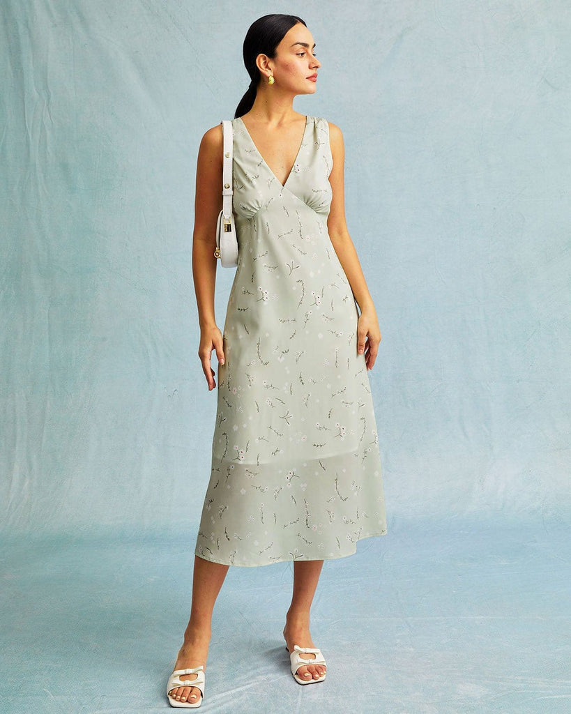 The Light Green V-Neck Ruched Midi Dress Dresses - RIHOAS