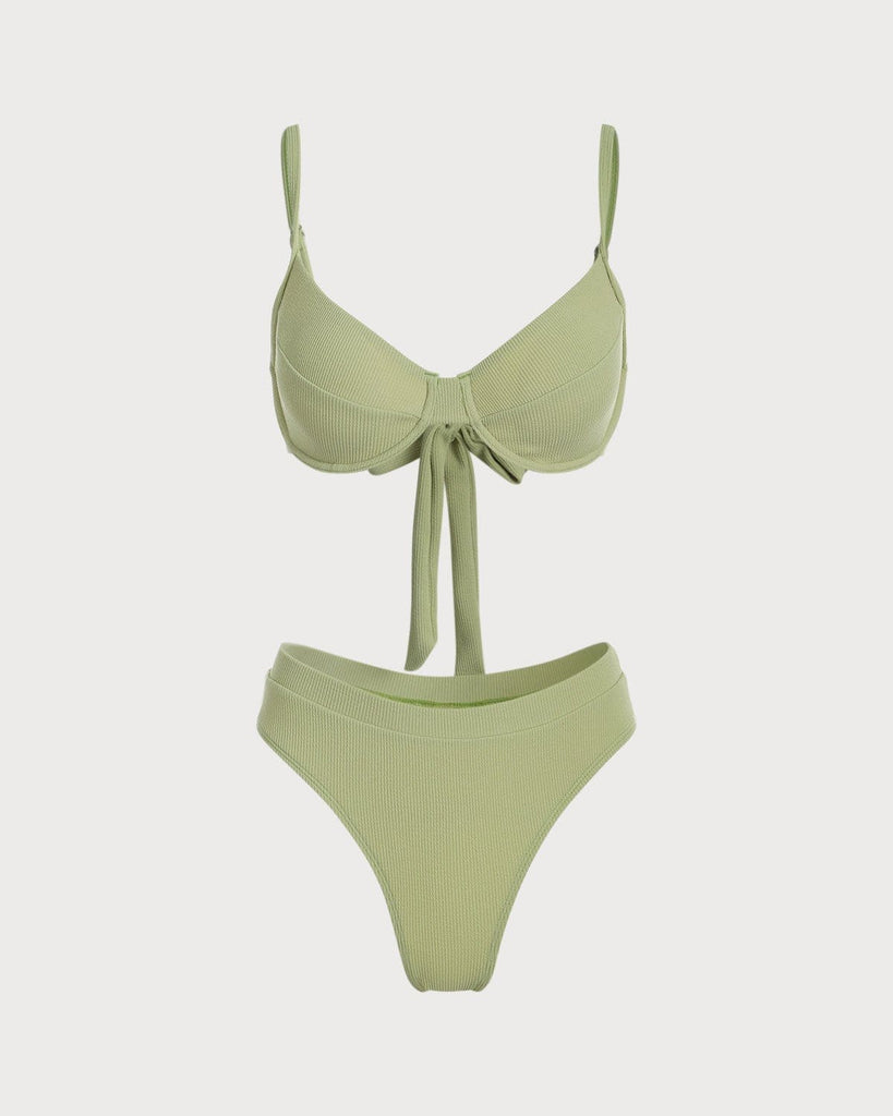 The Light Green V Neck Knot Back Bikini Set Light Green Bikinis - RIHOAS