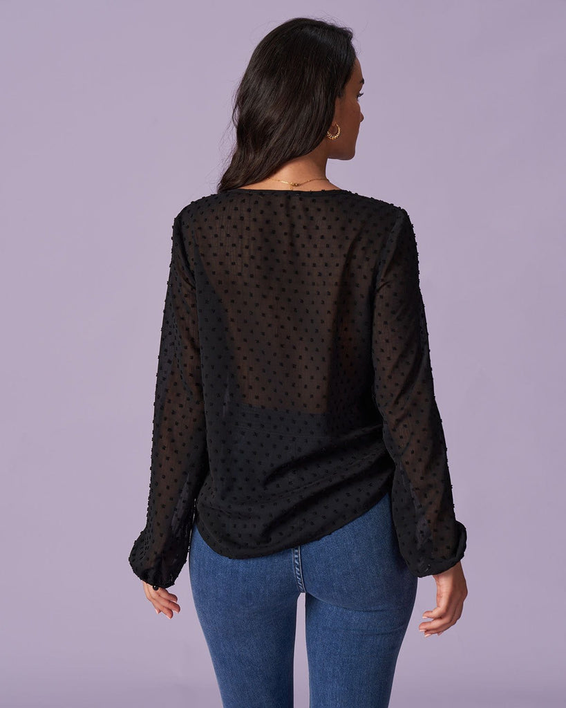 The Long Sleeve V-Neck Sheer Blouse Tops - RIHOAS