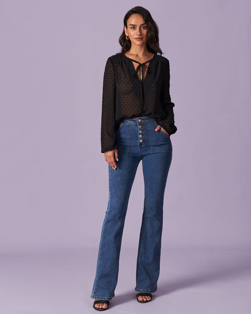 The Long Sleeve V-Neck Sheer Blouse Tops - RIHOAS